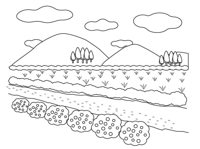 無料の山と野原の田舎風景のぬりえ ぬりえパーク