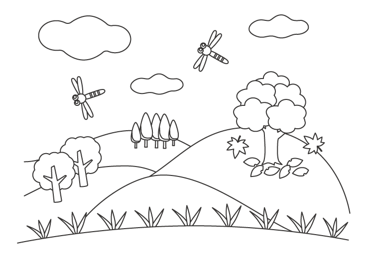 無料のトンボが飛んでいる風景のぬりえ ぬりえパーク