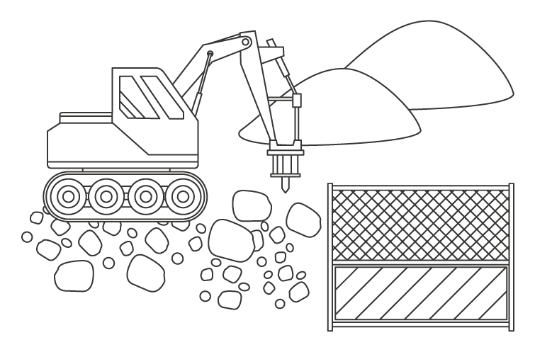 岩を砕くハンマードリル付きのパワーショベルのぬりえイラスト