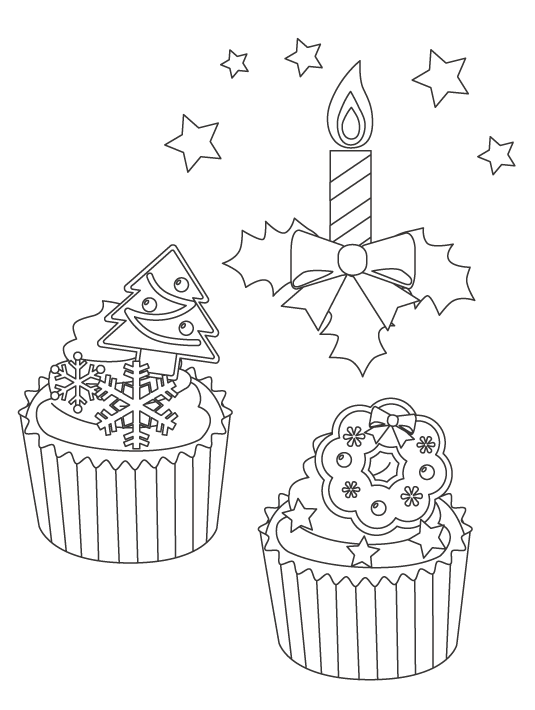 クリスマスキャンドルとカップケーキのぬりえイラスト