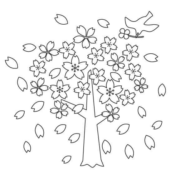 桜吹雪と鳥のぬりえイラスト