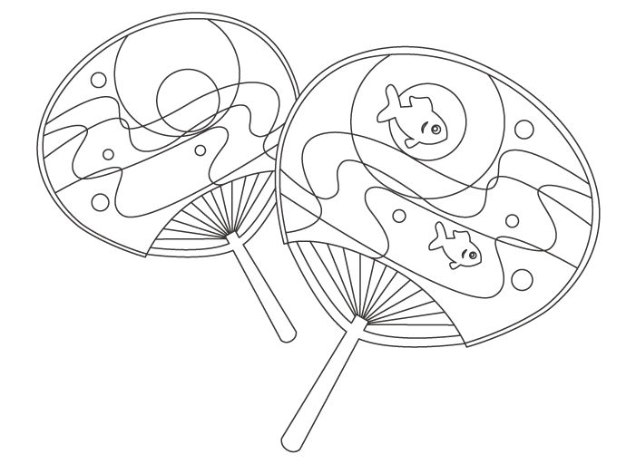 涼し気な模様の団扇（うちわ）のぬりえイラスト