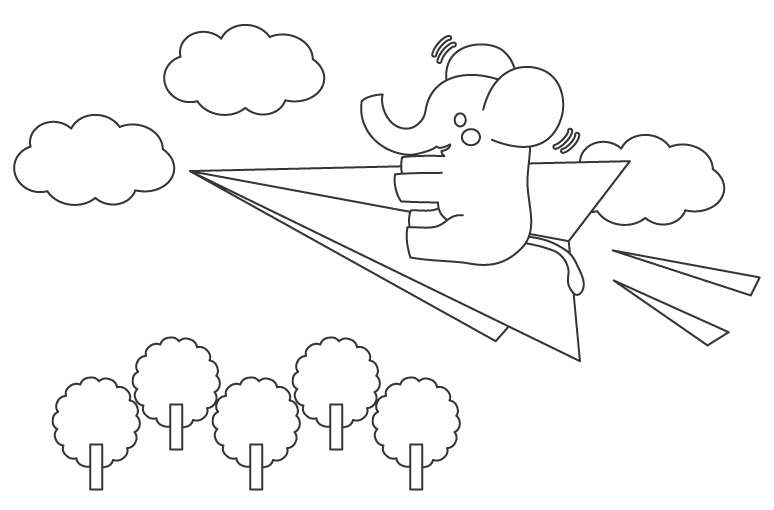 紙飛行機に乗っているゾウさんのぬりえイラスト