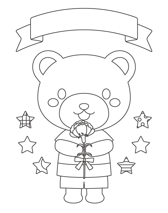 かわいいクマさんとカーネーションのぬりえイラスト