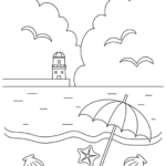 灯台と夏の海の風景のぬりえイラスト