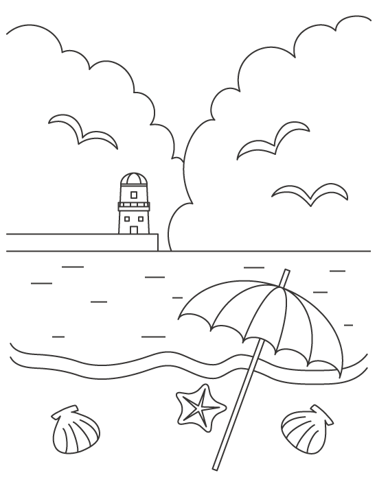 灯台と夏の海の風景のぬりえイラスト