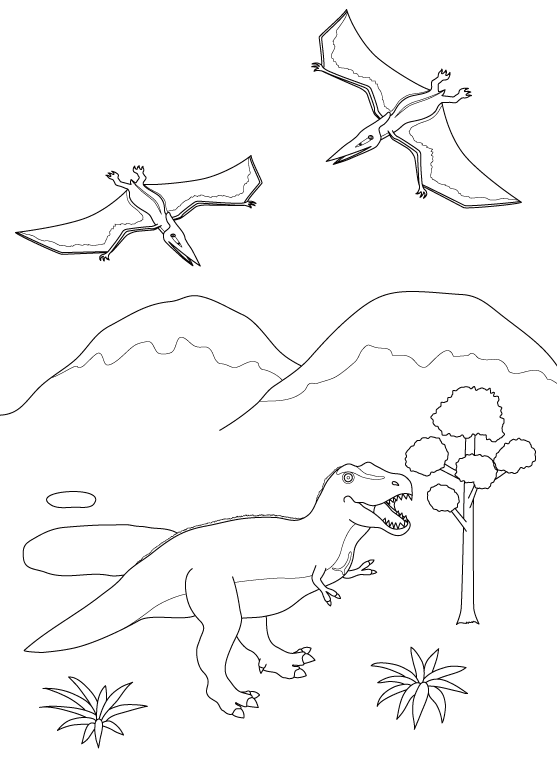 ティラノサウルスとプテラノドンの恐竜のぬりえ