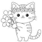 花を持っているかわいい猫のぬりえ