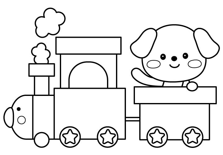 おもちゃの汽車に乗るかわいい犬のぬりえ