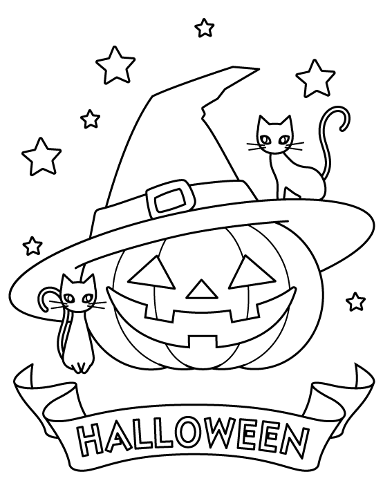 かわいいカボチャのお化けと猫のハロウィンのぬりえ