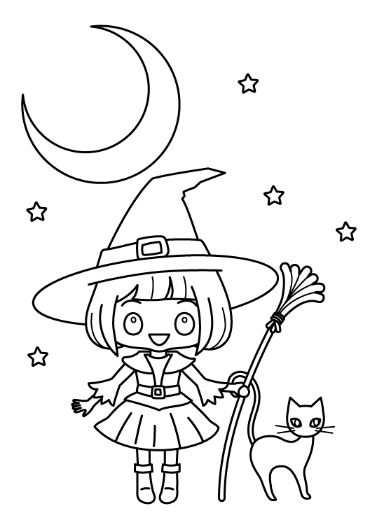 かわいい魔女と三日月と猫のハロウィンのぬりえ