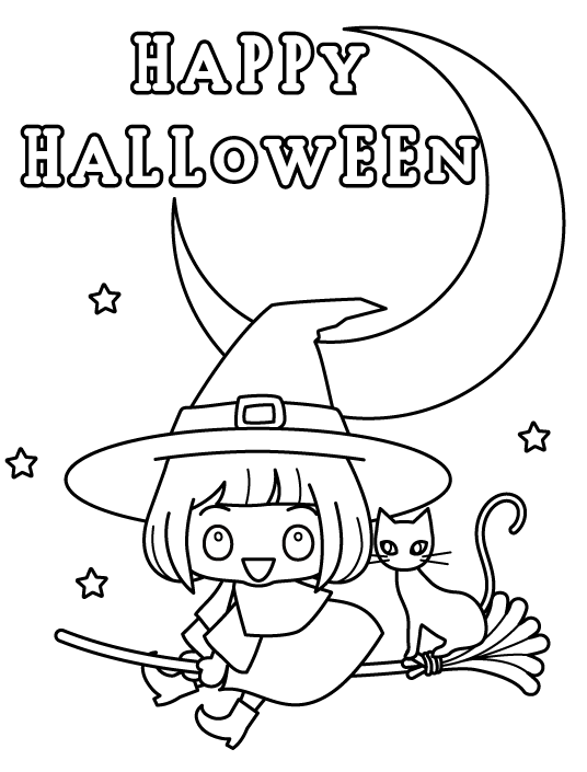 ほうきに跨ったかわいい魔女と三日月のハロウィンのぬりえ