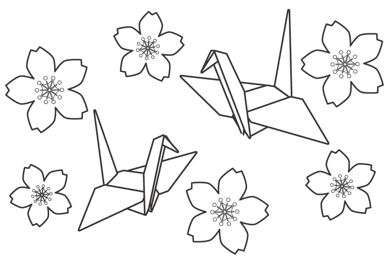 折り鶴と桜のぬりえ