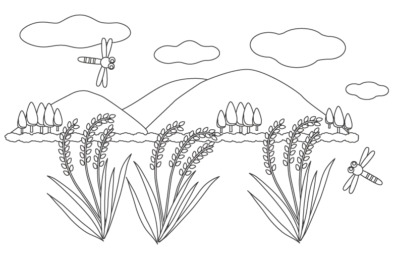 稲穂とトンボが飛んでいる風景のぬりえ