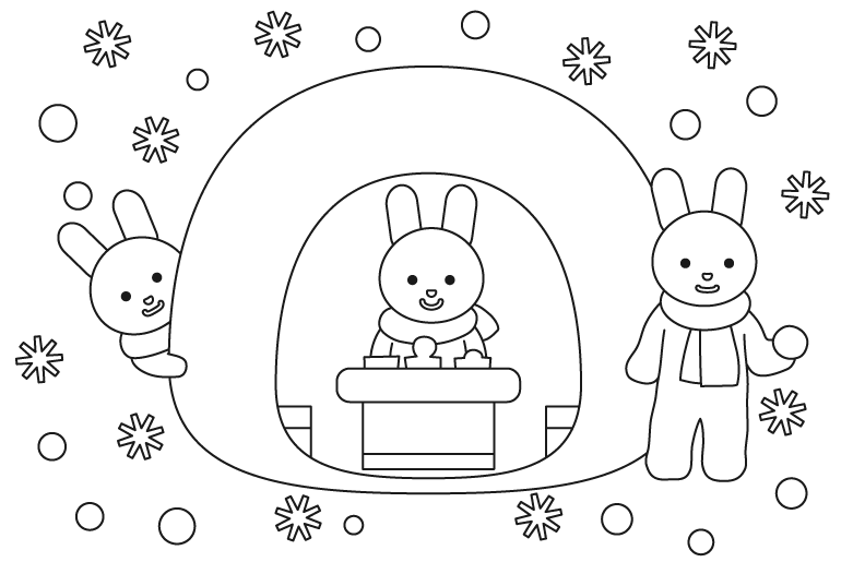 うさぎさんたちと雪のかまくらのぬりえ