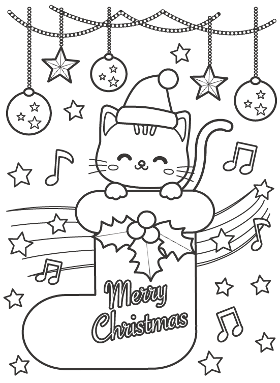 クリスマスブーツとかわいい猫のぬりえ