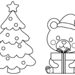 クリスマスプレゼントを持ったクマさんとツリーのぬりえ