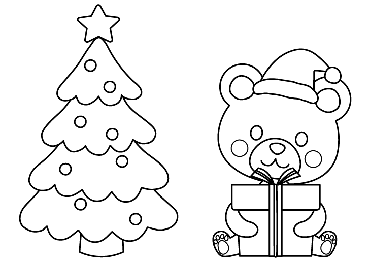 クリスマスプレゼントを持ったクマさんとツリーのぬりえ