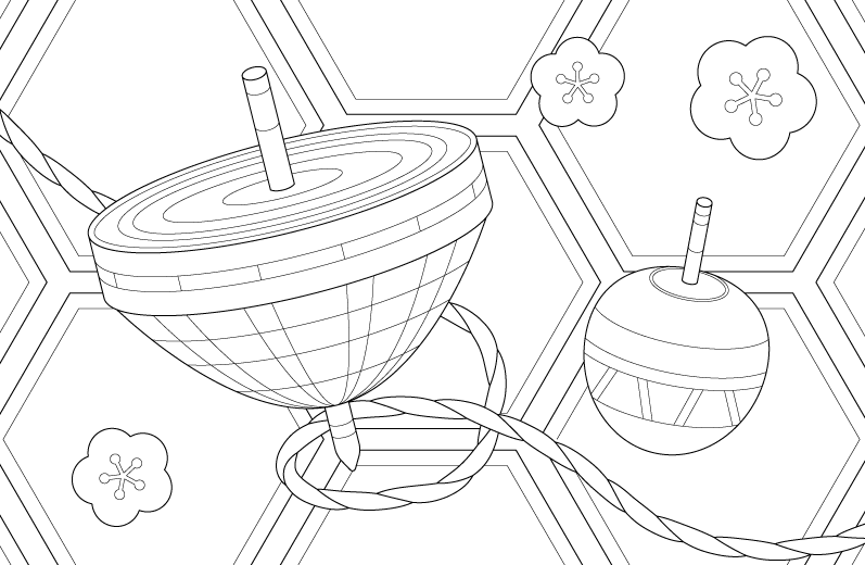 コマと和模様のぬりえ