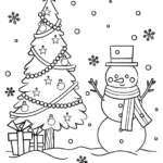 雪だるまと豪華なクリスマスツリーのぬりえ