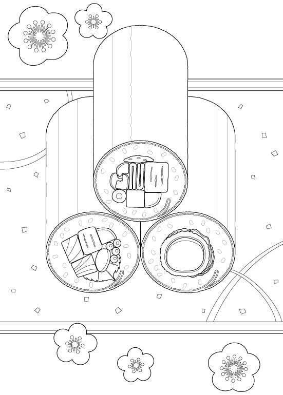梅の花と恵方巻き／太巻きのぬりえ