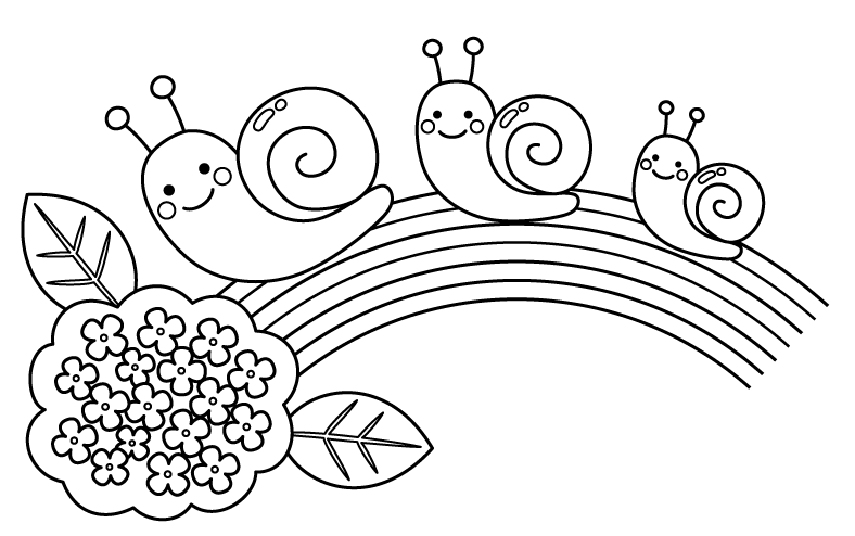 虹と紫陽花とカタツムリのぬりえ