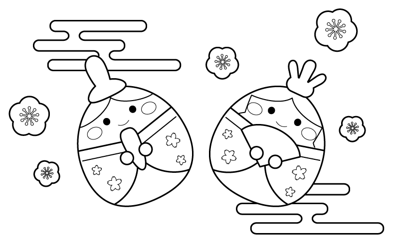 かわいいまん丸のひな人形のぬりえ