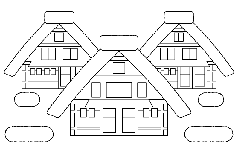 合掌造りの建物のぬりえ