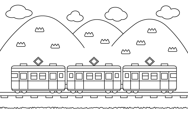 田舎のローカル電車の風景のぬりえ