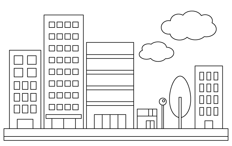高いビルなどの簡単な街並みのぬりえ
