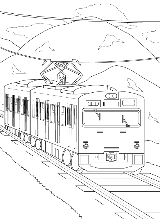 山間を走るローカル電車のぬりえ