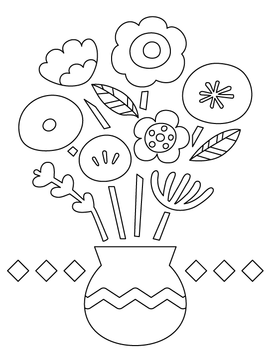 かわいいタッチの花瓶と花のぬりえ