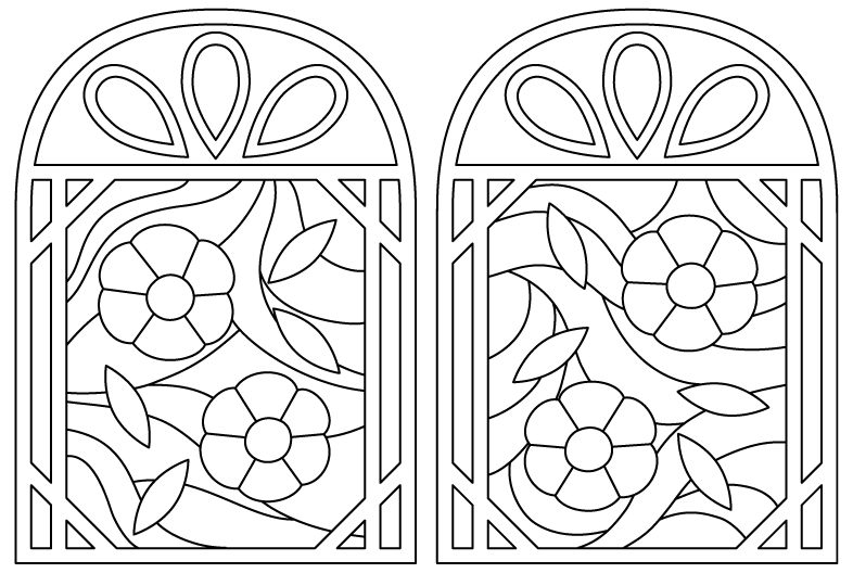 花が描かれたステンドグラスのぬりえ