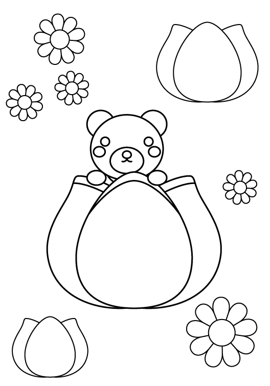 クマとチューリップのぬりえ