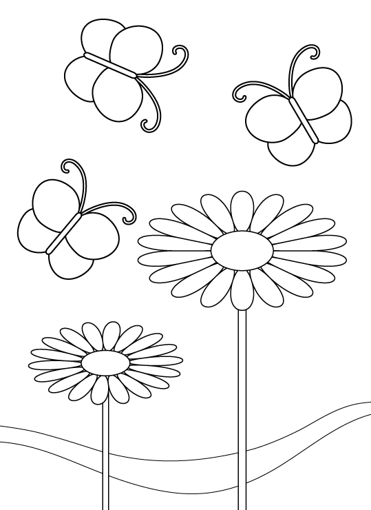 花と飛んでいる蝶々のぬりえ