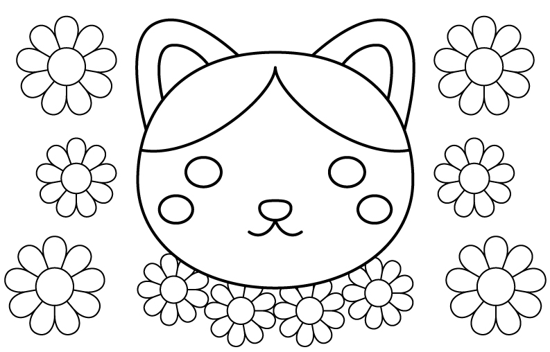 かわいい猫と花のぬりえ