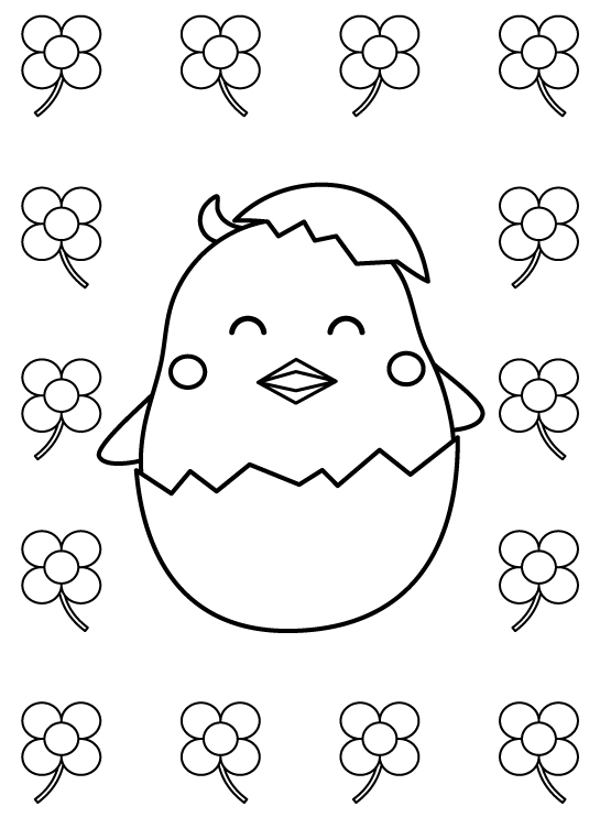 かわいいヒヨコとクローバーのぬりえ