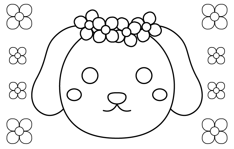 かわいい犬と花のぬりえ
