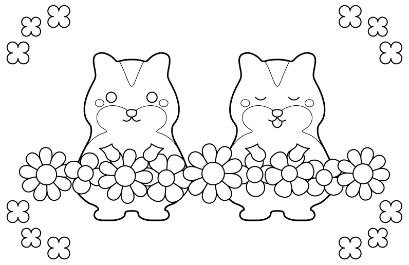 かわいいリスと花のぬりえ