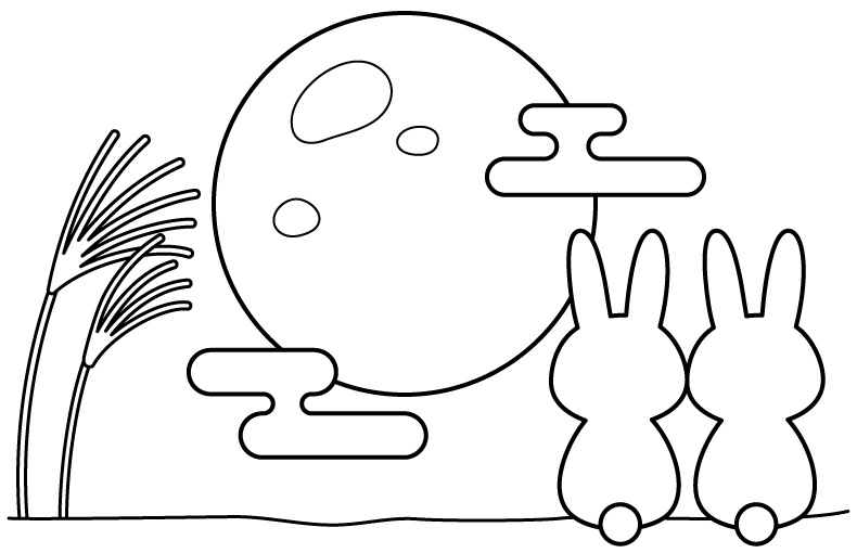後ろ姿のうさぎさんと中秋の名月のぬりえ