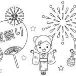 夏祭りを楽しむ子どもたちのぬりえ