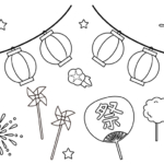 お祭りをイメージした提灯や花火などのぬりえ