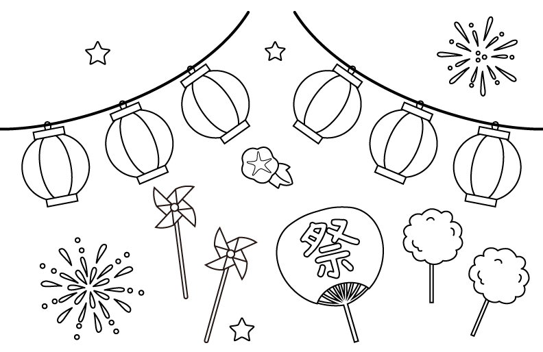 お祭りをイメージした提灯や花火などのぬりえ