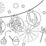 夏祭りの提灯と食べ物のぬりえ