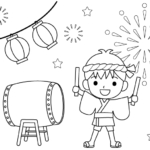 夏祭りで太鼓を叩く男の子のぬりえ