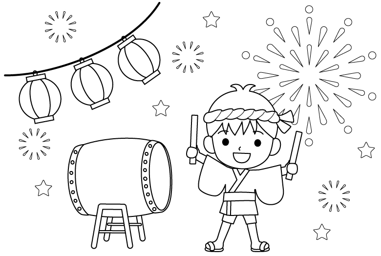 夏祭りで太鼓を叩く男の子のぬりえ