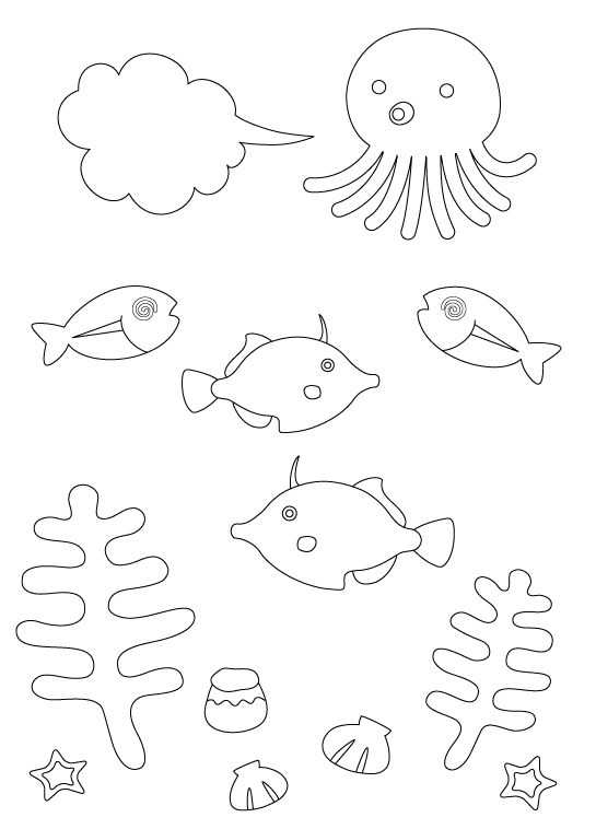 墨を吐くタコや魚などのぬりえ