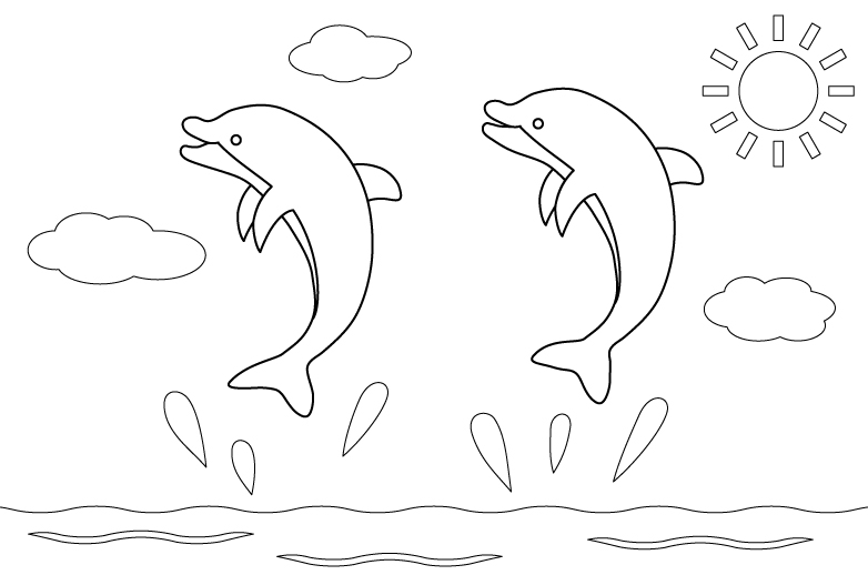 夏の海とイルカのぬりえ