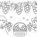 ぶどう狩りする子どもたちのぬりえ