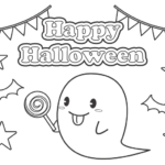 キャンディーを持ったかわいいお化けのハロウィンぬりえ